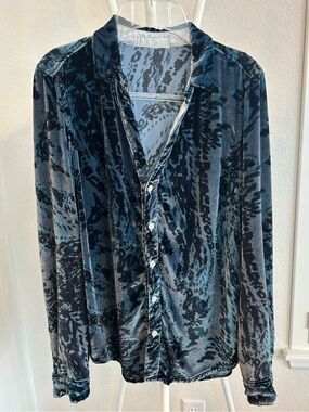 CP Shades Blue Gray Velvet Burnout Button-Down Blouse, XS